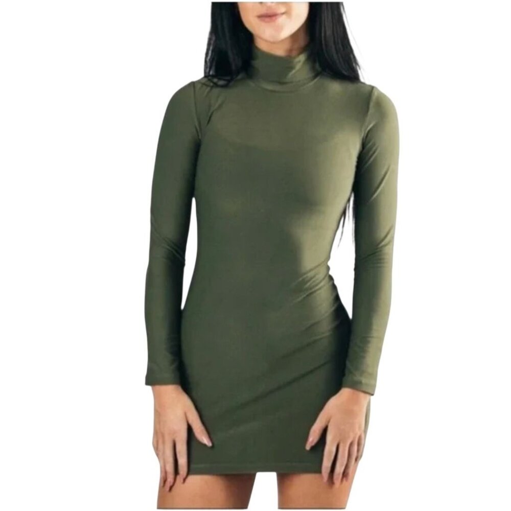 Alphalete Turtleneck Bodycon Mini Dress Olive Green Longsleeve Tight Sz S NWT